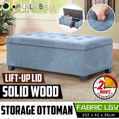 Storage Ottoman Blanket Box Linen Fabric Foot Stool Couch Bed LIGHT GREY BLUE • $139