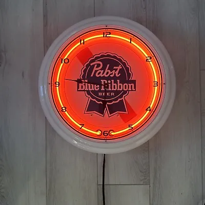 PBR Pabst Blue Ribbon Beer Bar Man Cave RED GLASS Neon Wall Clock Sign 18” • $69