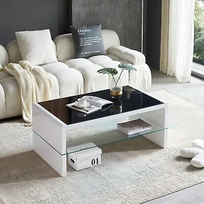 Coffee Table White High Gloss 2 Tier Black Galaxy Glitter Glass Top Rectangle • £159