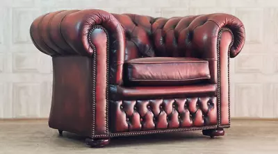 SUPERB Oxblood Red Leather Chesterfield Club Chair Armchair #1 *FREE DELIVERY* • £395