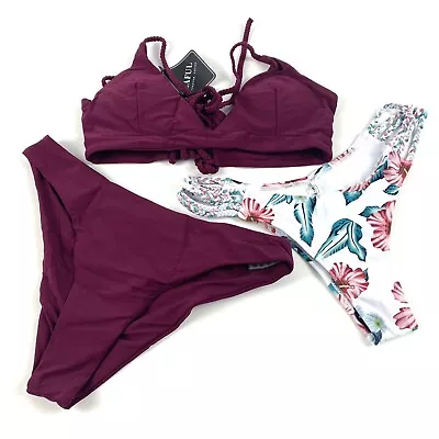 $11.99 • Buy Zaful Womens Swimwear 3 PC Size M Bikini Top & Cheeky Floral Berry/White