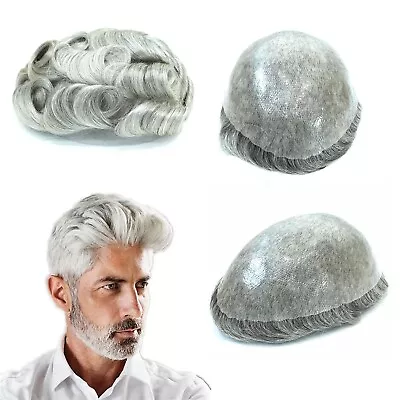 Mens Hairpieces Human Hair Skin V Loop Toupee Hair Replacement System Grey #1B80 • £107.99