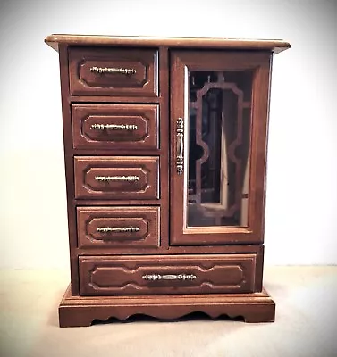 JEWELRY BOX Wooden Armoire Style  With 5 Drawers & Glass Hinged Door Vintage • $34.98