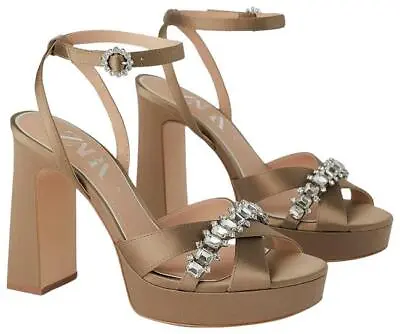 NEW ZARA Jeweled High Heel Satin Platform Sandals (Size 40/US 9) • $49.95