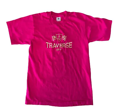 Vintage 90s Hot Pink Single Stitched T-shirt Made In USA Medium Traverse City MI • $17.98