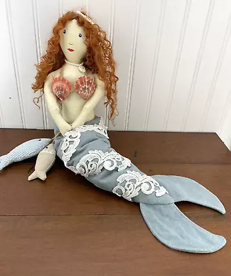 Mermaid Shelf Sitter Doll Fabric 24” Beach Nautical Decor Denim Tail Mythical  • $16.95