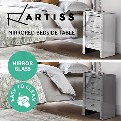 Artiss Mirrored Bedside Table Side Table Nightstand Storage Cabinet Grey Silver • $123.95