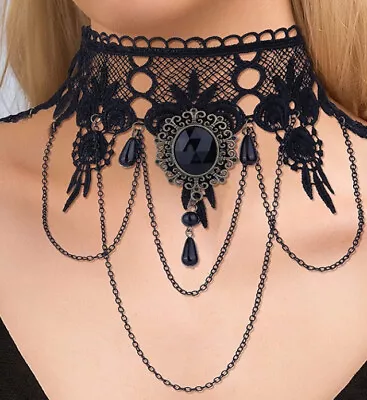 Gothic Victorian Black Lace Choker Necklace Tassel Chain Steampunk NWT 6273 • $11.92