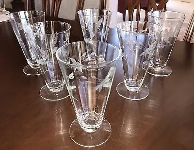 $89.99 • Buy 6 Vintage Flowers Wheat Etched Faceted Footed Beer Parfait Water Glasses 7 Oz