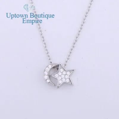 925 Sterling Silver Crescent Moon Star Cubic Zirconia Gift Pendant Necklace*048 • $18.99