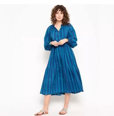 MATTA Sz M  Jaya Riviera Blue Stripe Long Sleeve Cotton Midi Dress • $299