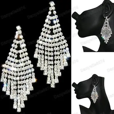 3 Long SPARKLY CRYSTAL Rhinestone SILVER FASHION EARRINGS 8cm Drop CHANDELIER • £6.99