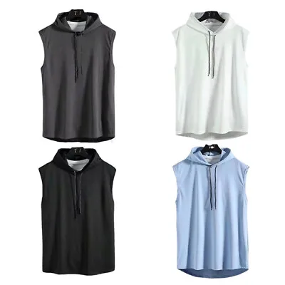 Mens Hooded Tank Tops Gym Sleeveless Hoodie Muscle T-Shirt Pullover Vest • £6.66