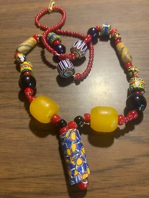 Ethnic Necklace African Trade Beads - Vintage  Amber Chevron • $32