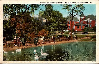 Postcard Hagerstown MD Swans At Entrance To City Park Vintage Postcard • $2.89