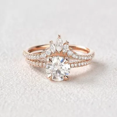 Round Moissanite Hidden Halo Engagement Ring Set/Vintage Moissanite Bridal Set.. • $199