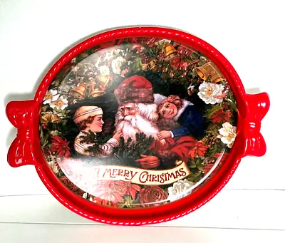 Set Of 2-Vintage 16 In. Oval Christmas Bow Serving Tray St. Nick Plastic • $14.99