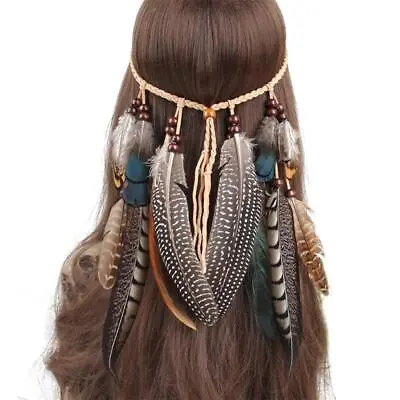 Hippie Indian Feather Shape Headband Boho Weave Feathers Hair Rope Headdress • $7.88