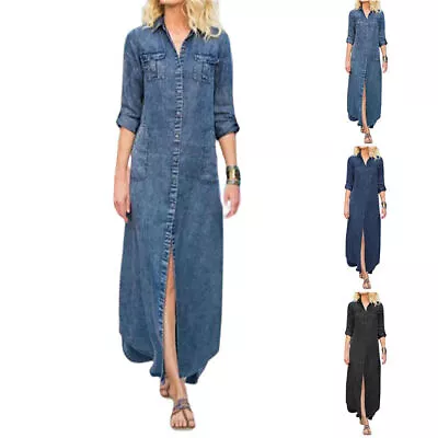 $38.77 • Buy Donne Buttons Down Denim Shirt Dress With Pockets Summer Loose Long Maxi Dress