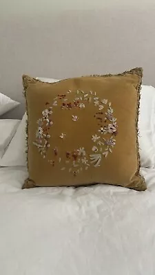 Vtg French Victorian Anthropologie Velvet Throw Pillow Embroidered Silk Ribbon • $24.99