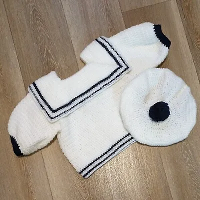 Baby Hand Crocheted Sailor Jumper & Beret Set Age 0-6 Months White Navy Blue • £4.95