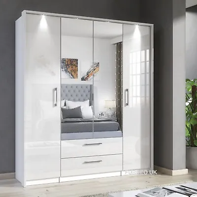  White Mirrored Wardrobe  High Gloss &matt Modern Drawer Storage LED Lights • £599.90