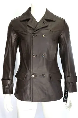 German Pea Coat Men's Classic Reefer Style Military Brown Genuine Leather Jacket • $135.99