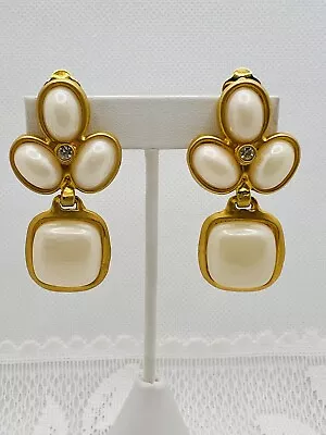 Vintage Clip Earrings Brushed Gold Chunky Matte Faux Pearl Chandelier Dangle 80s • $24.99