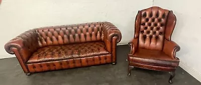 Chesterfield Fully Buttoned 3 Seater And Queen Ann Chair In Cigar Brown Leather  • £995