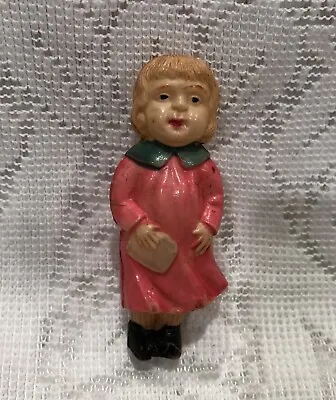 Vintage Celluloid Girl Doll Holding Purse Molded Hot Pink Rattle Tiny 2.5” Tall • $40