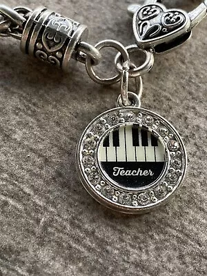 Bracelet Charm Piano Music Teacher Rhinestones Silver Tone  6.75”  • $14.50