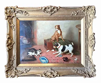 Claude Hunt Antique Oil Painting On Canvas Dogs & Cat The Encounter • £1950