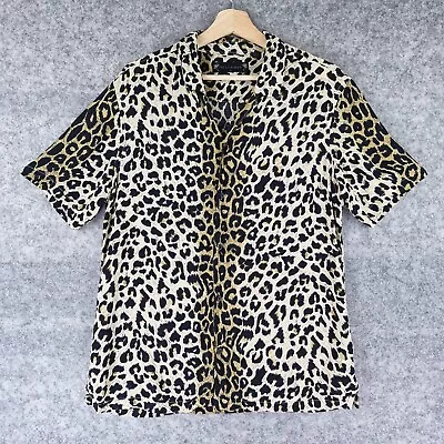 All Saints Shirt Mens Medium Brown Leppo Leopard Print Short Sleeve Viscose • £34.99
