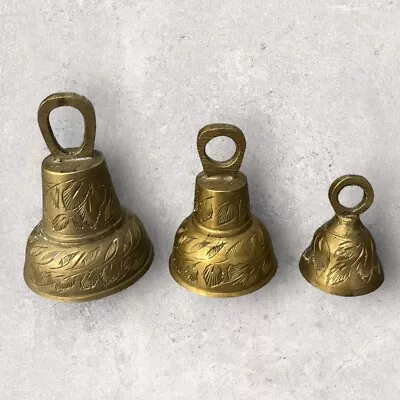 Vintage Lot Of 3 Ornate Etched Brass Bells Service Meditation Decor Patina • $32