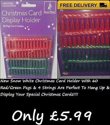 New Christmas Card Holder With 60x Mini Red/Green Plastic Pegs & 4x String • £5.99