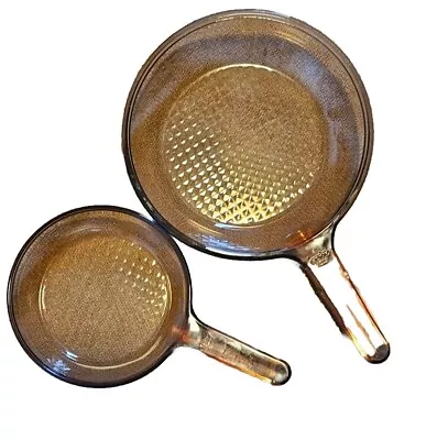 2 Corning Ware VISION Amber Brown Glass Waffle Bottom Frying Pan Skillet 10” USA • $49.90