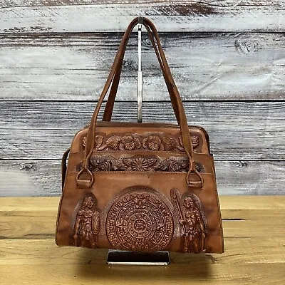 Vtg Aztec Hand Tooled Large Leather Purse Mexico Mayan Calendar Roses Satchel • $129