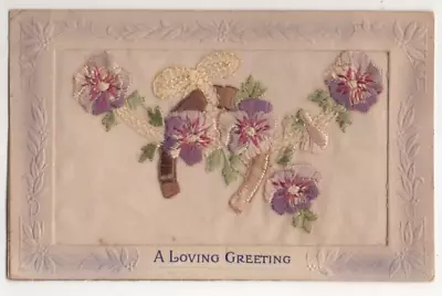 WW1 Embroidered Silk Postcard A Loving Greetings Horseshoe Flowers Military • £4