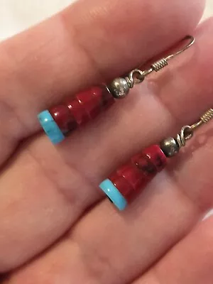 Vintage Native American Small Stacked Turqouise & Red Jasper Earrings • £16