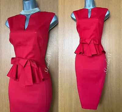 Karen Millen UK 10 Signature Red Cotton Bow Belt Formal Party Peplum Dress EU 38 • £79.99