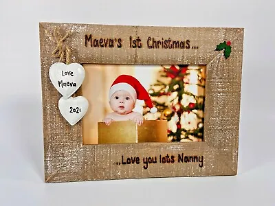 Baby's First Christmas - Personalised Driftwood Photo Frame Gift Nan Grandad Mum • £14.39