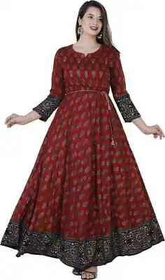 Indian Women Maroon Printed Kurta Kurti Long Anarkali Flared Dress Pakistani New • $26.99