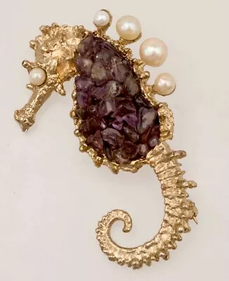 Vintage Seahorse Brooch Pin With Amethyst Stones & Pearls In Gold Tone Metal • $20