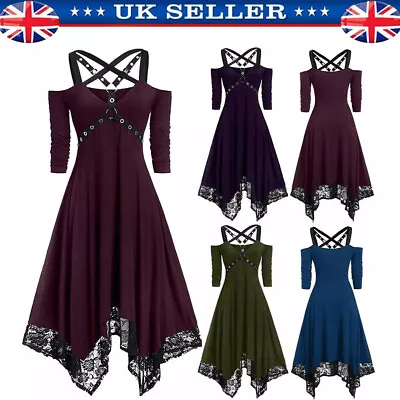 UK Women Gothic Punk Medieval Open Shoulder Lace Spaghetti Strap Costume Dress • £18.99