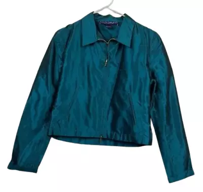 Ralph Lauren Women's Vintage Metallic Zip Up Motto Blue Jacket Size 8. Pre-loved • $99