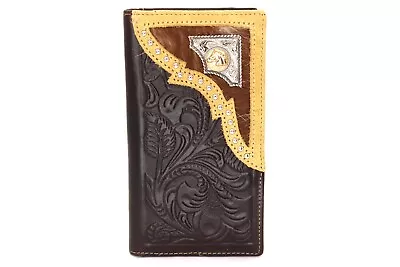 Western Bifold Wallet Deep Coffee Checbook Genuine Leather Horse Wallet Studs • $35.99