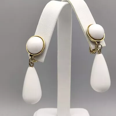 Monet Gold Tone White Acrylic Dangling Clip On Earrings Vintage Signed Gorgeous • $13.99