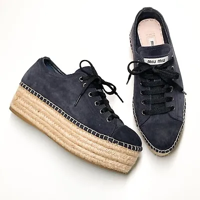 Miu Miu Platform Espadrille Sneaker 34.5 US 4.5 Navy Blue Suede • $159.99