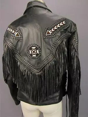 Vintage Frontier Black Leather Hand Beaded Fringe Cowgirl Moto Western Jacket 10 • $80