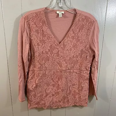 J. Jill Pink Lace Faux Wrap 3/4 Sleeve V Neck Knit Career Casual T Shirt Top S • $19.12